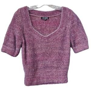 Steve Madden Womens Stephanie V-Neck Fuzzy Sweater Pink Short Sleeves M Coquette